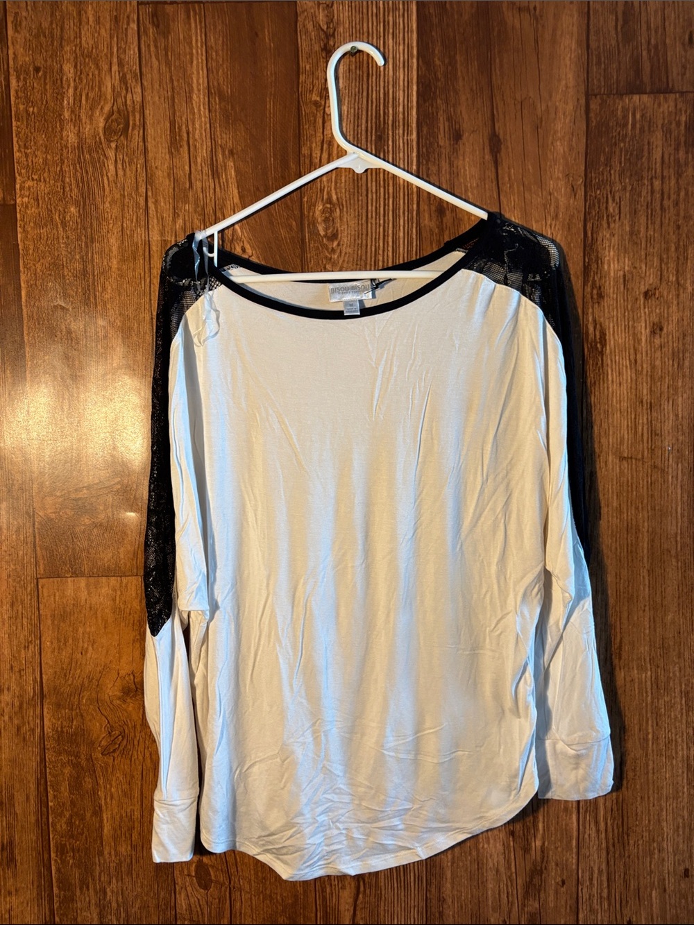NWT Bisou Bisou White Long-Sleeve Top with Black Lace Shoulders